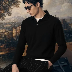Black Waffle Knit Polo Sweatshirt