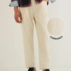 Cream Textured Corduroy Drawstring Pant