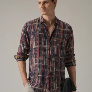 Abstract Multi Plaid Print Feather Shirt