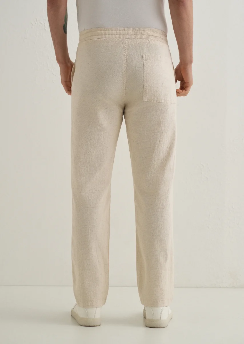 Beige Drawstring Cotton Linen Pant - Image 3