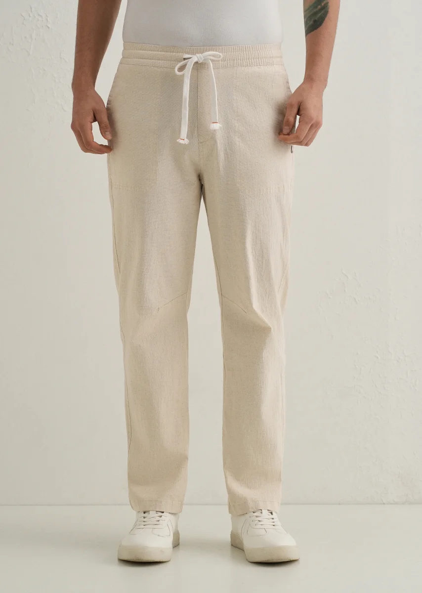 Beige Drawstring Cotton Linen Pant - Image 4