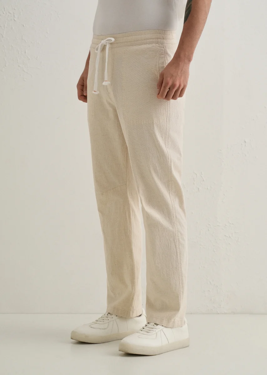 Beige Drawstring Cotton Linen Pant - Image 5