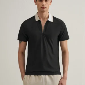 Black Zipper Polo Collar Seamless T-shirt
