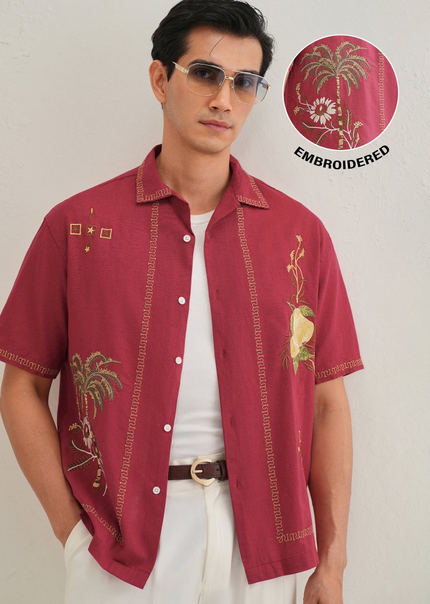 Crimson Red Tropical Embroidered Shirt - Image 3
