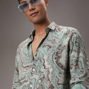 Cyan Marble Wash Feather Shirt