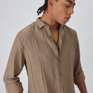 Pintucked Tan Brown Plain Shirt